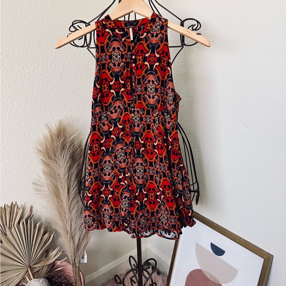 Free People Get Together Navy Orange Bohemian Print Rayon Sleeveless Mini Dress - Picture 3 of 6